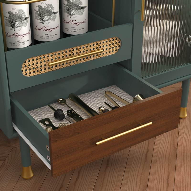 Modern Coffee Bar Cabinet with Wine Glass Rack and Storage Drawer, Green