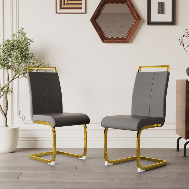 Chaises de salle à manger rembourrées en polyuréthane à haut dossier, 2, Gris, Doré