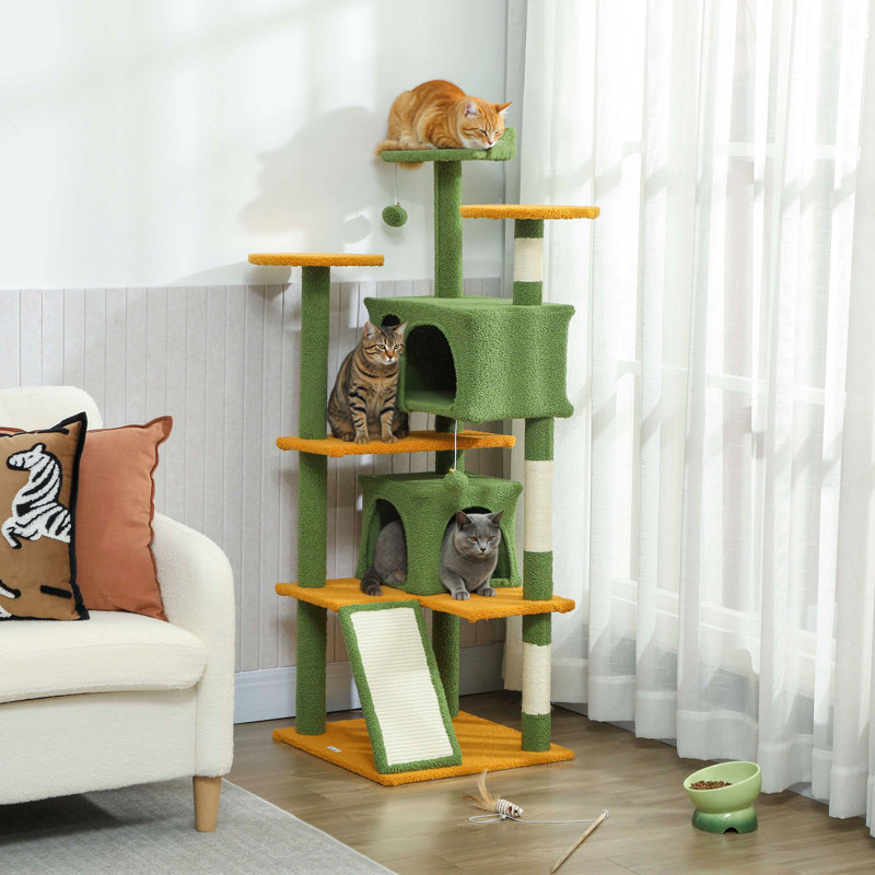 54" Cat Tree Tower with Scratching Posts, Cat Condos, Green, 54.3" H x 19.3" W x 19.3" D, Green