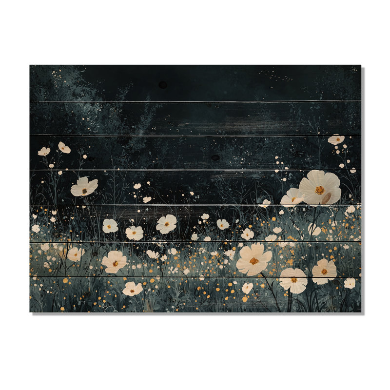 Motif de fleurs blanches blanches Mid Night Meadow - fleurs sauvages en bois sur bois de pin naturel