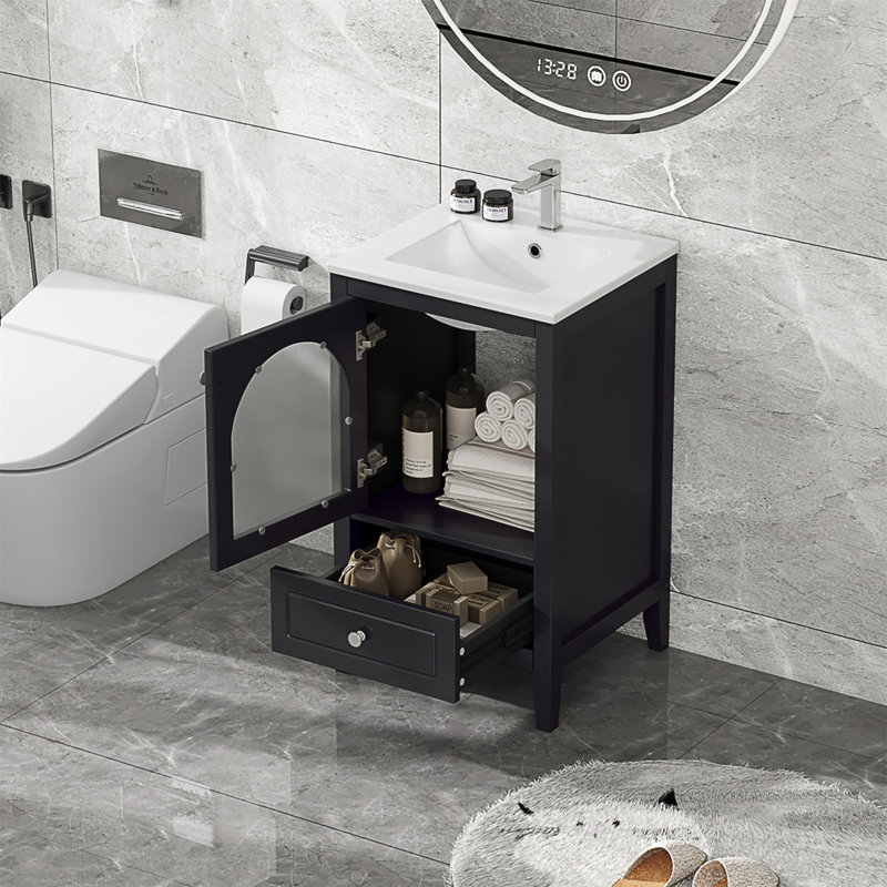 Meuble-lavabo de 20 pouces avec lavabo et porte en verre à fermeture douce, solution de rangement moderne pour toute maison