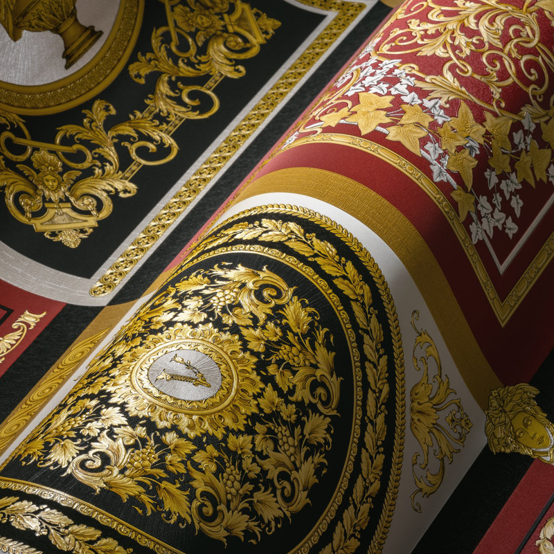 Versace Honey Bee Reverie Unpasted Vinyl Wallpaper, Gold Black Red Cream