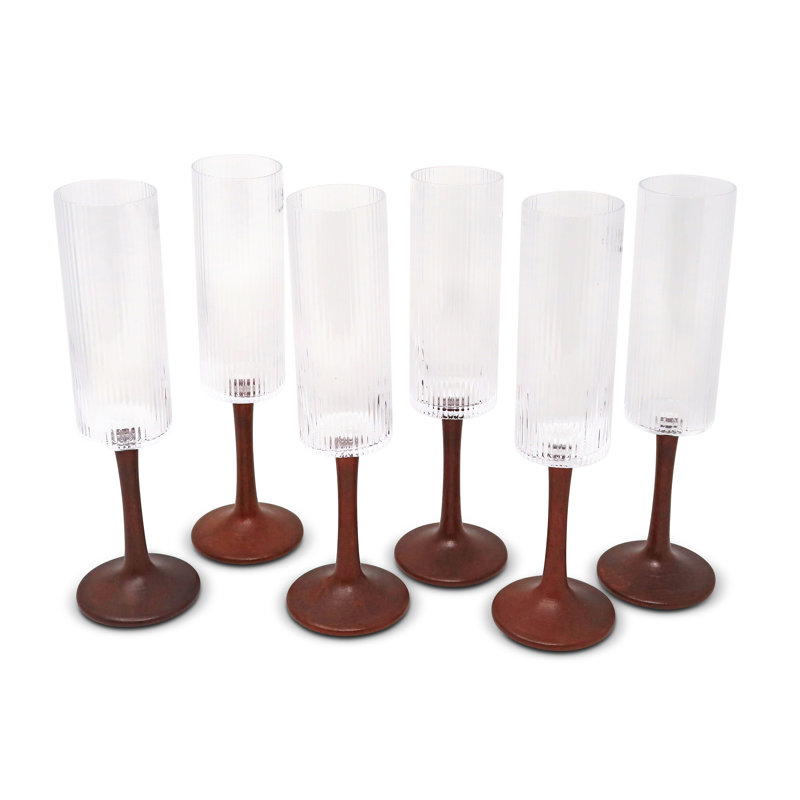 Set Of 6 Optic Flute Glasses With Straight Structure And Wood Stem