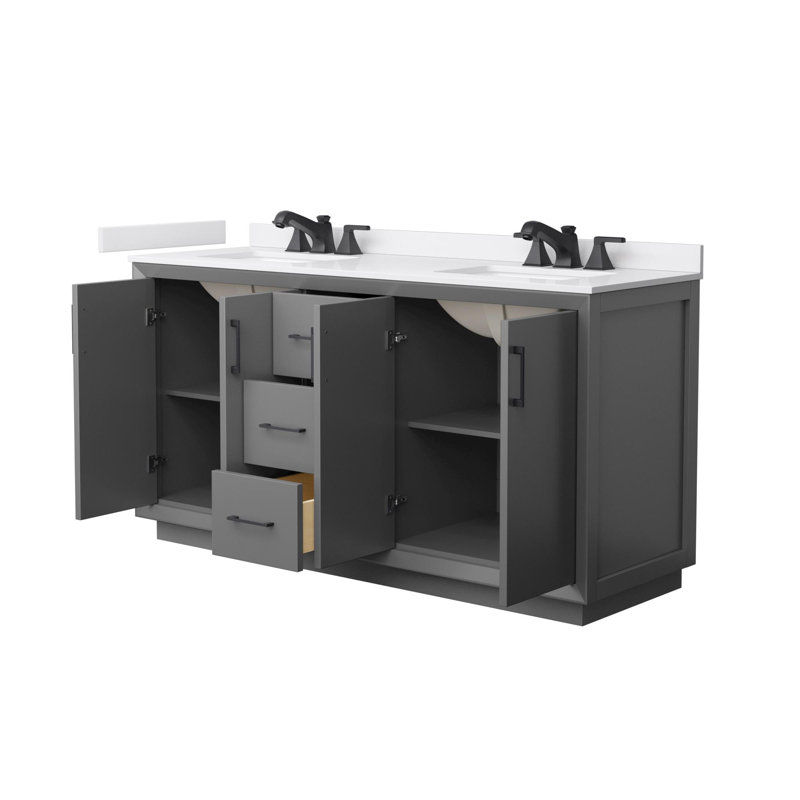 Strada 66" Freestanding Double Bathroom Vanity with Cultured Marble Top, Gray, Matte Black