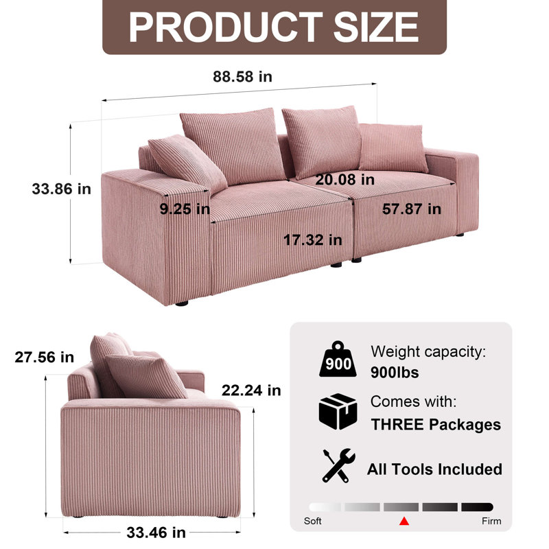 88.58'' Uphostery Sofa with Square Arms, Pink Corduroy