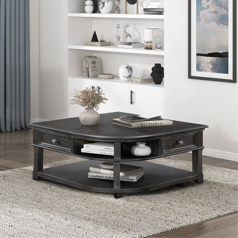 Table basse en bois gris anthracite avec couvercle relevable et tablettes de rangement en bois gris anthracite