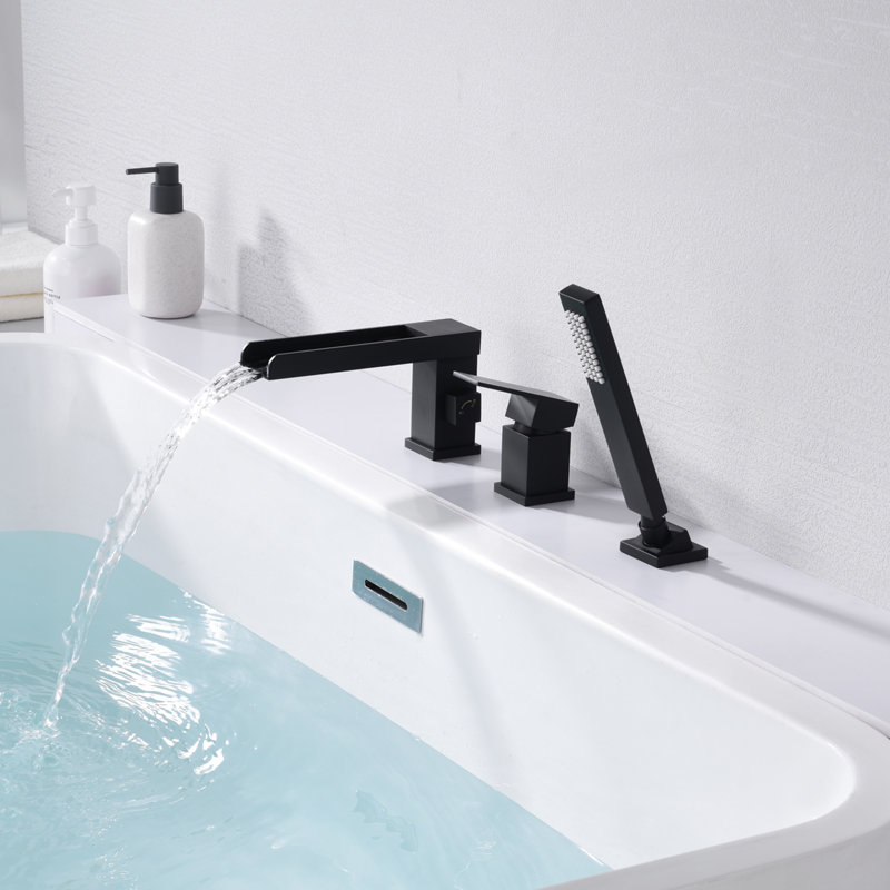 Bathtub Faucet Wall Mount with Handheld Shower, Waterfall Bath Tub Faucet Filler, Bathtub Faucet Set, Matte Black