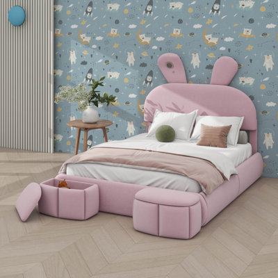 Lit plateforme double tapissier en tissu pleine grandeur, comprend 2 repose-pieds avec rangement, tête de lit mignonne en forme d'oreille avec lumières DEL intégrées