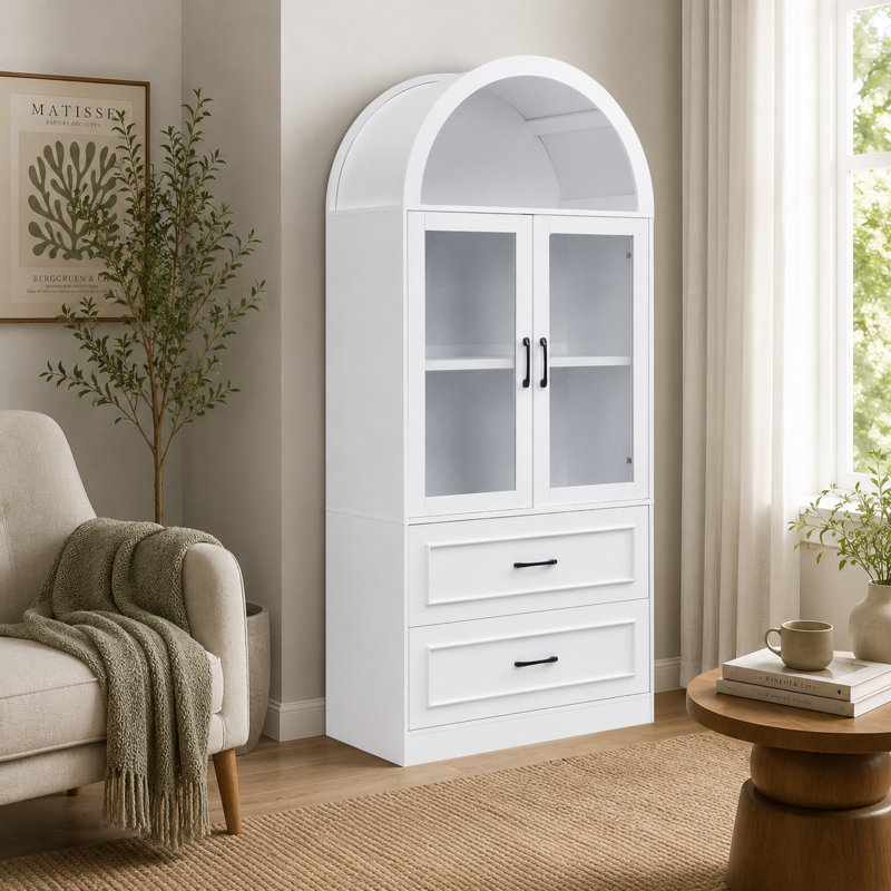 Vaisselier arqué 71,25 po de hauteur avec portes en verre trempé et 2 tiroirs, Blanc