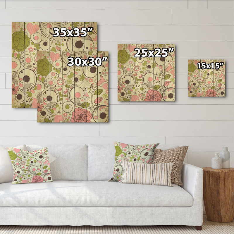 Fleurs rétro en rose et vert - Décoration murale traditionnelle en bois, H 30 po x l 30 po x P 1 po