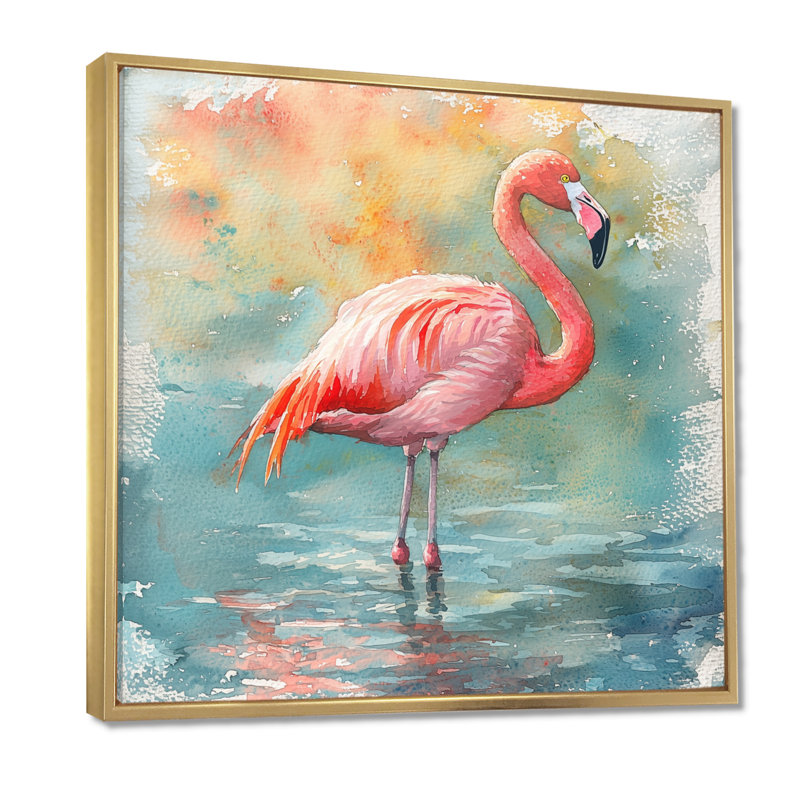 Chynthia Flamingo Grace - oiseau, art mural, H 16 po x l 16 po, Impression encadrée flottante, Doré