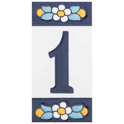 Sevillano 2.13" x 4.38" Ceramic Floral Address Number Wall Tile in White/Blue