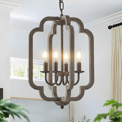 4-Light Vintage Farmhouse Dimmable Wooden Lantern Chandelier Pendant Ceiling Light In Antique Archaized Finish