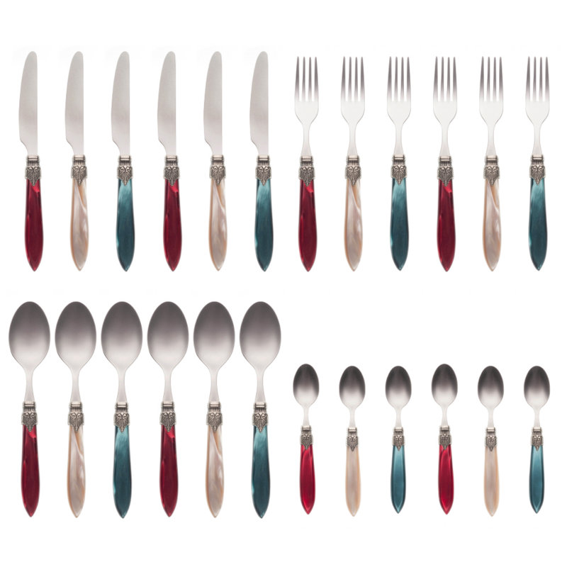 Alenka 24 Piece Cutlery Set, Service for 6, Burundy Red/Green/Beige
