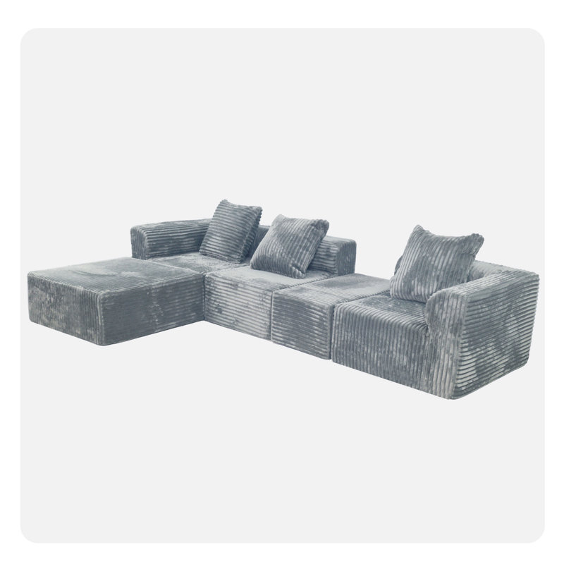 4 - Seat Convertible Modular Compression In American Style, Grey With Medium Firm Seat, 100% New Foam, Us , Standard 100 By Brushed Corduroy Covers, Skin And Shrink Soft