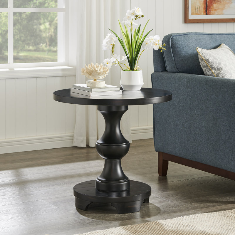 Caesar Traditional Round Pedestal End Table, Black, Black