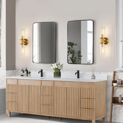 Gold Wall Sconces Set of Two, 17.5 inch Brushed Gold Vanity Light with Stripped Glass Shade