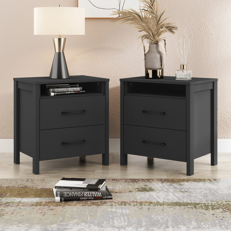  Allysyn 22.7" 2 Drawer Nightstand, Matt Black, Set of 2