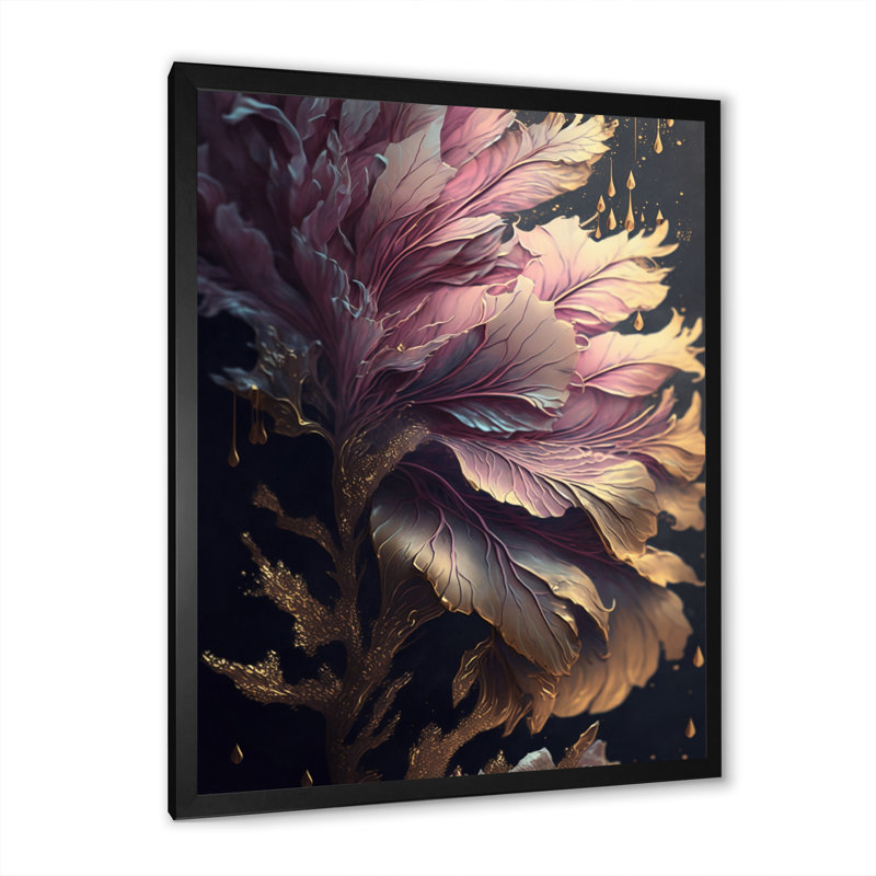 Abstrait rose et feuilles d'or III - reproduction sur toile, H 20 po x l 12 po x P 1 po, Toile encadrée noire à coins fermés
