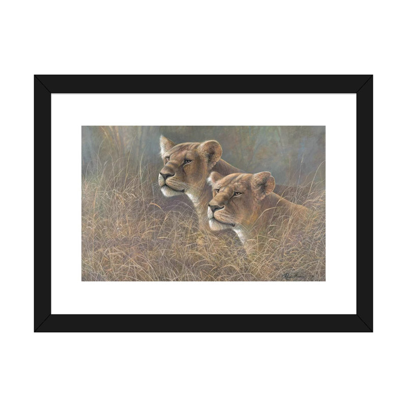 Sœurs du Serengeti par Ruane Manning - reproduction d'art, H 24 po x l 32 po x P 1 po, Papier encadré noir, Blanc