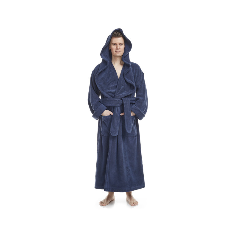 Peignoir 100% coton éponge garçon / homme + cheville avec poches et capuche, M, Bleu marine