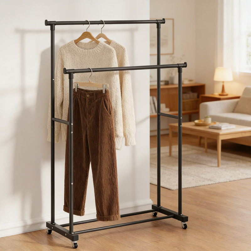 Double Rod Rolling Garment Rack With Storage Shelf, Sturdy Metal Clothes Organizer With Wheels For Bedroom, Living Room, And Apartment