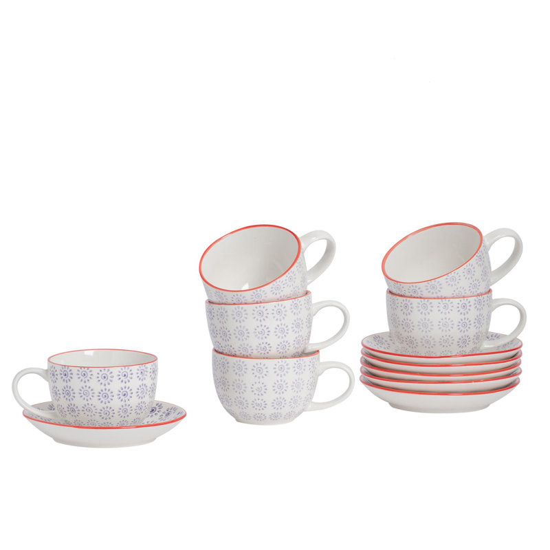 Porcelain Teacup and Saucer, Purple/Red, 6
