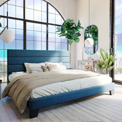 Elison Platform Bed with Fabric Upholstered Headboard and Wooden Slats