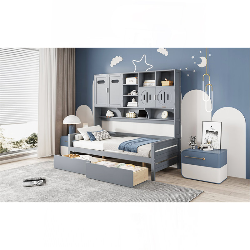 Twin Size Wooden Daybed With 2 Drawers, And All-In-One Cabinet And Shelf, Gray, Gray, Twin