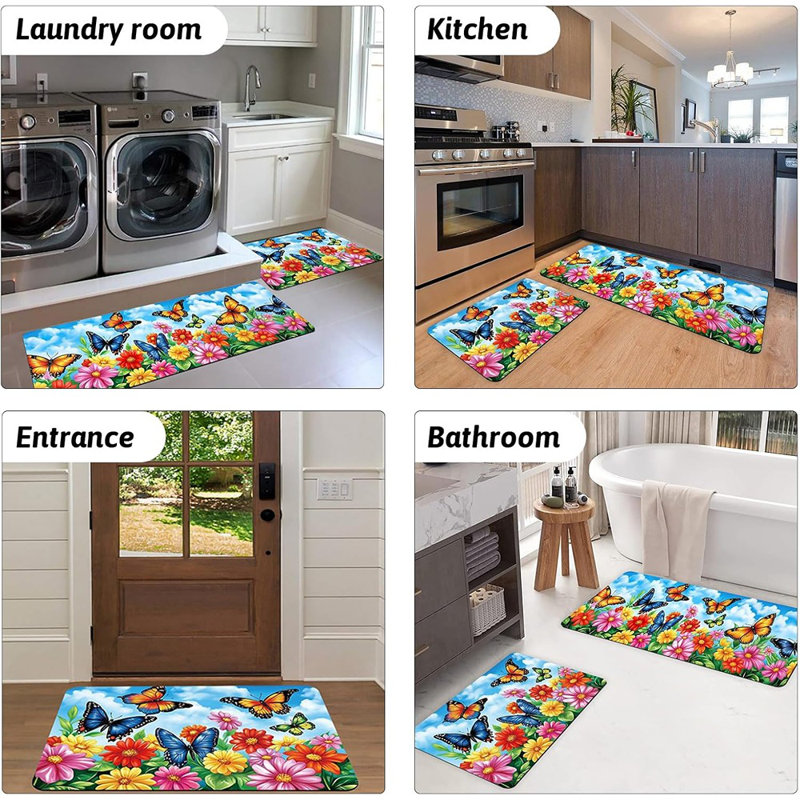 Floral Kitchen Mats - Blue - Set Of 2 Spring Flower Butterfly Non-Slip Rubber Floor Rugs, Runner For Sink, Hallway, Laundry Room
