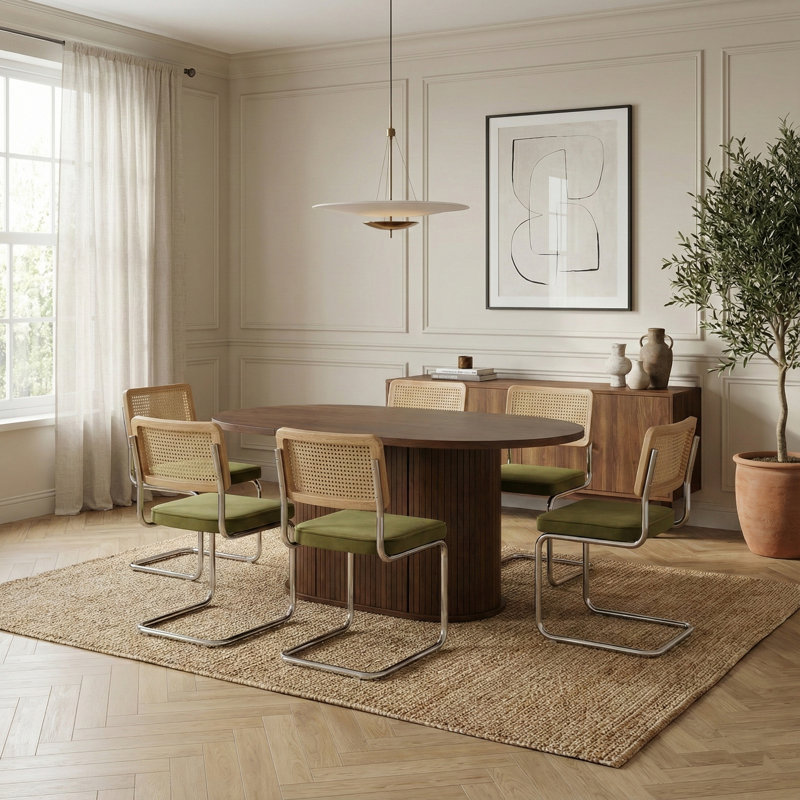 Ensemble de table de salle à manger extensible ronde avec 6 chaises en porte-à-faux, Vert