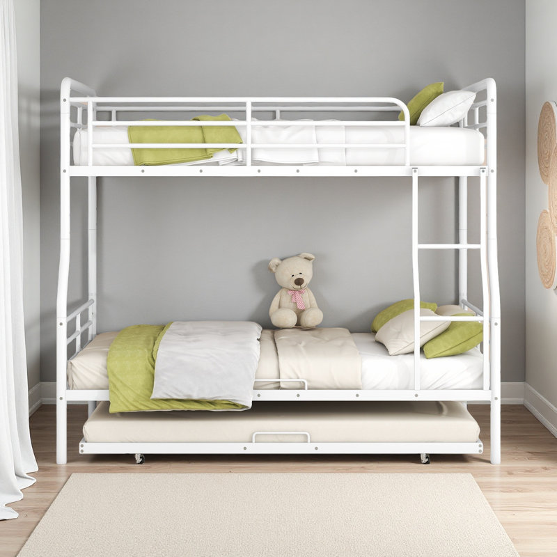 Lit double superposé au-dessus de grand lit double en métal avec lit gigogne simple, Blanc