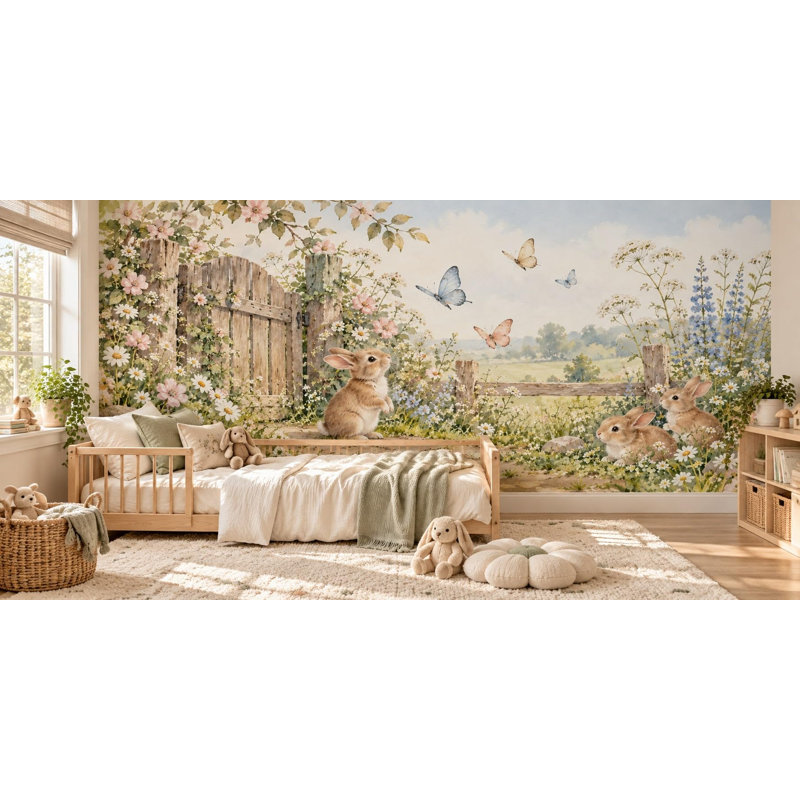 Butterfly Gate Wallpaper Mural, Peel and Stick Kids Room Wall Mural, Watercolor Bunny Garden Nursery Wallpaper, 152 x 102 cm