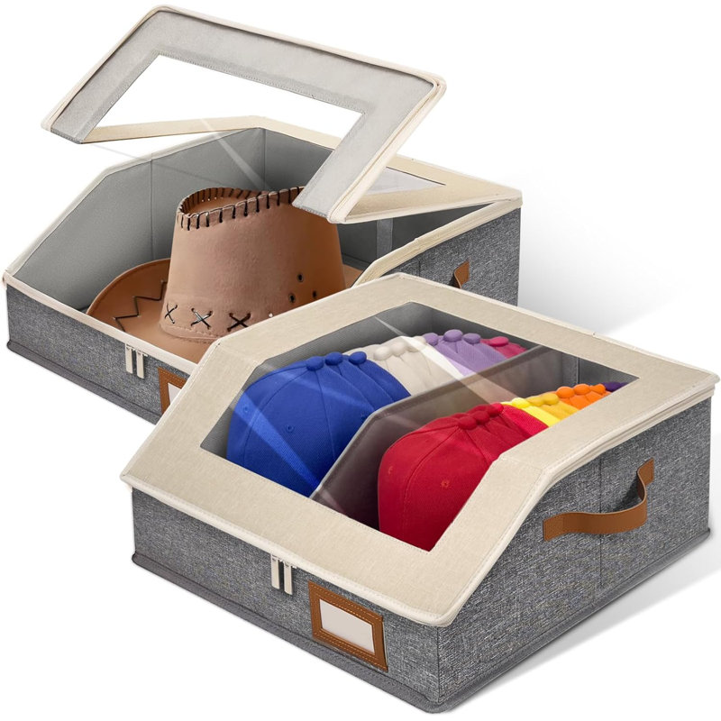 2-In-1 Hat Organizer For Baseball Caps Holds 48-60 Caps Hat Storage With Adjustable Divider Stackable Hats Holder For Closet With Clear Lid Cowboy Hat Box For Men Women 2 PCS Beige And Grey