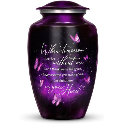 Urne papillon mauve pour cendres adultes - Grande urne papillon mauve pour femmes et hommes avec couvercle sécuritaire, urnes en métal fabriquées à la main pour cendres, jusqu'à 200 lb