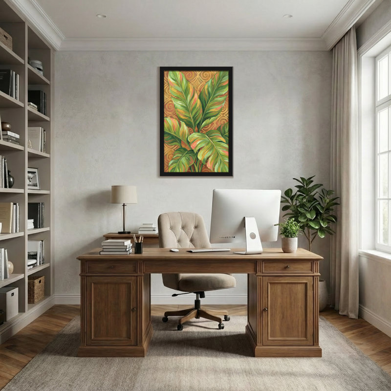 Plantes et fleurs, feuilles tropicales sur fond à motifs, H 12 po x l 18 po