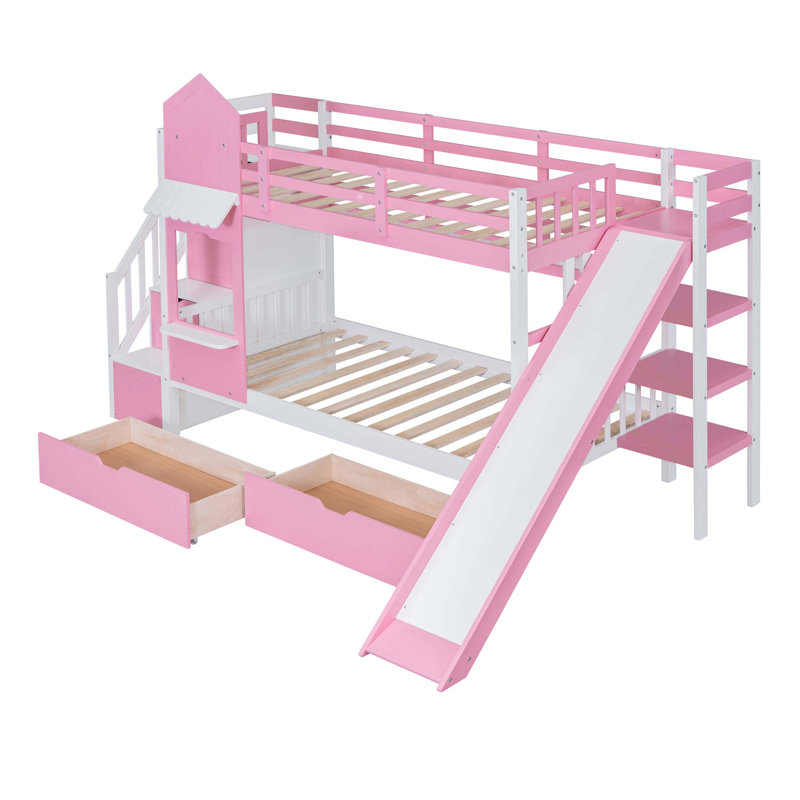 Lit superposé simple de style château simple avec glissière intégrée, deux tiroirs, trois tablettes et fabrication en bois massif sécuritaire pour les chambres d'enfants.