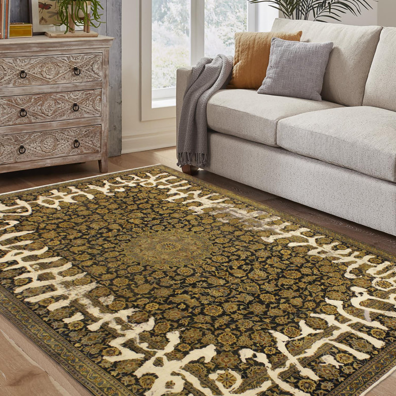 Tapis blanc / verdâtre rectangulaire en laine noué à la main 7 pi 7 po x 11 pi 1 po Paralta