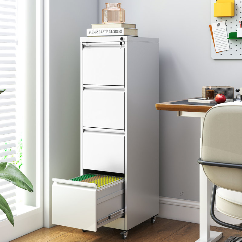 Makeace 15.2"W 4-Drawer Locking Metal Vertical Filing Cabinets with Rolling Casters, White, Yes