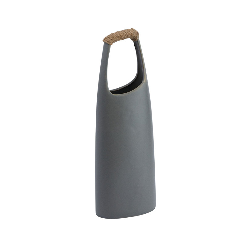 Stoneware Vase with Rattan Wrapped Top Handle, Grey, 15.13" H x 5.25" W x 3" D