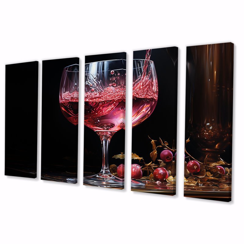 Rubis radieux avec lueur réfléchissante - vin, art mural 5 pièces, H 32 po x l 80 po