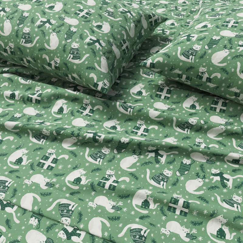 100% Turkish Cotton Flannel Christmas Sheet Sets, Little Holly, California King with 2 Pillowcases