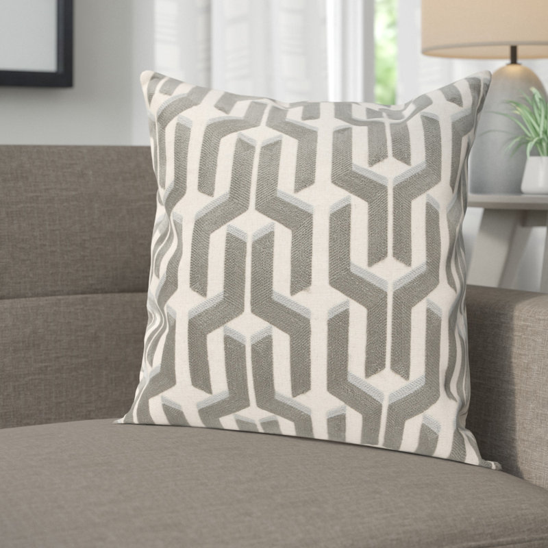 Dawson Embroidered Feather Linen Reversible Throw Pillow, Silver/Blue