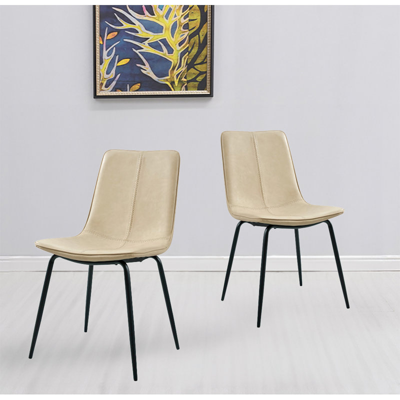 24'' H Genuine Leather Upholstered Side Chair, Beige, 2