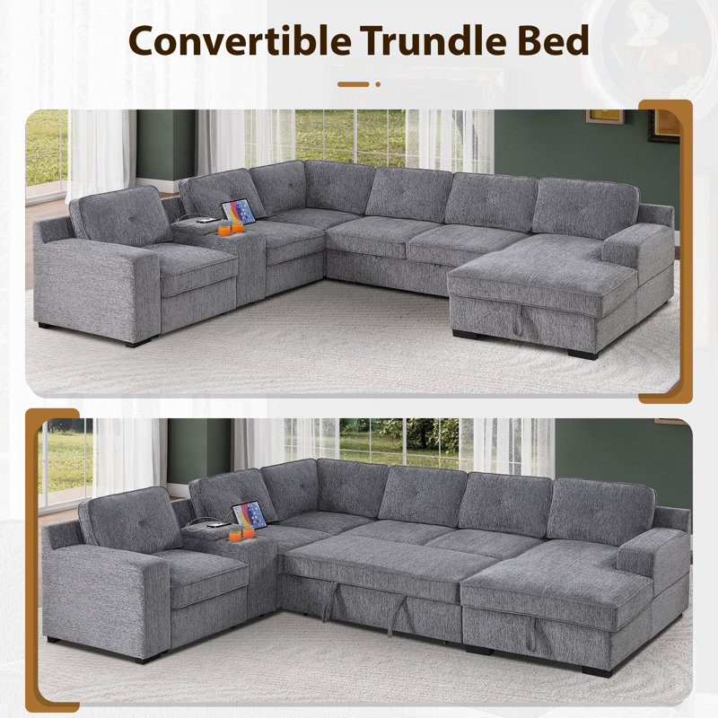 119.5" Convertible Modular Sectional Sofa Bed 2-In-1 Oversized Chenille Pull-Out Sleeper Couch With Console Armrest & USB Charging & Cup Holder & Storage Chaise