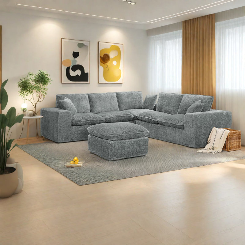Canapé modulaire moderne en forme de L, gris, confortable pour le salon avec repose-pieds