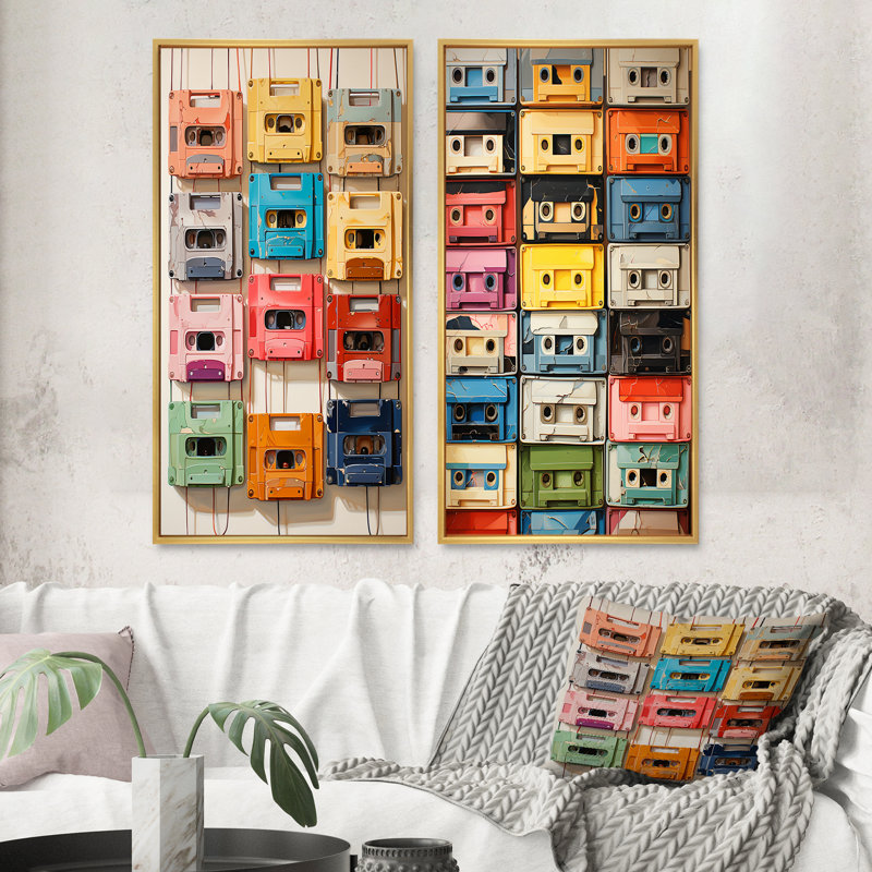«Popart Cassette Tapes», 2 pièces sur toile, H 40 po x l 40 po, Encadrement doré