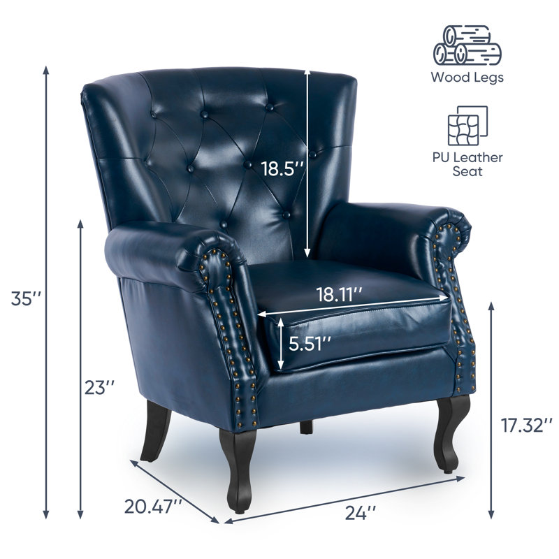 24"W Faux Leather Wingback Chair, Navy Faux Leather