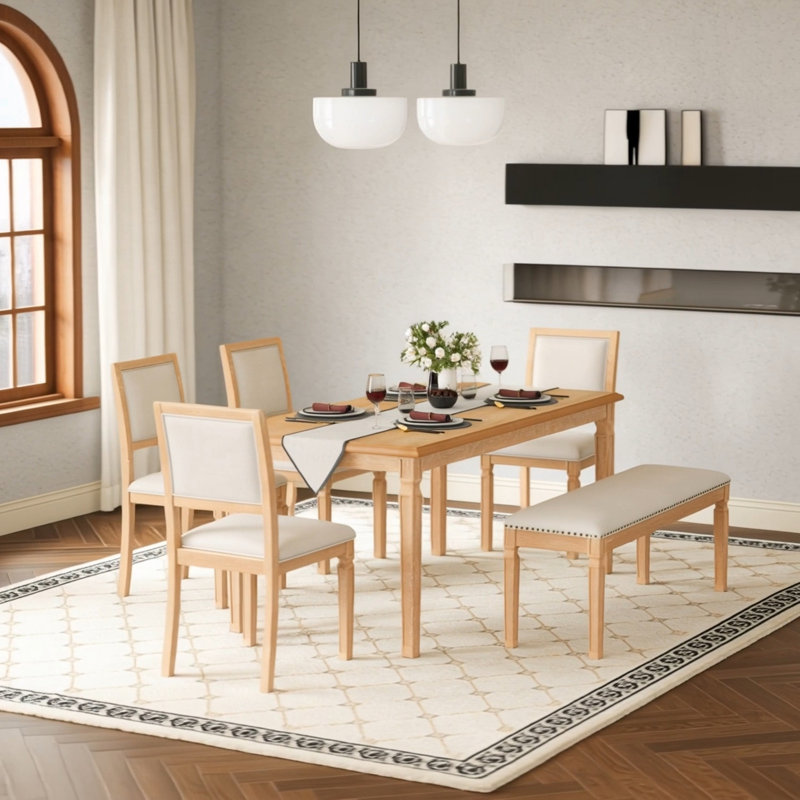 Ensemble de table de salle à manger extensible 6 pièces avec 4 chaises, banc et table, Naturel, Naturel / Beige