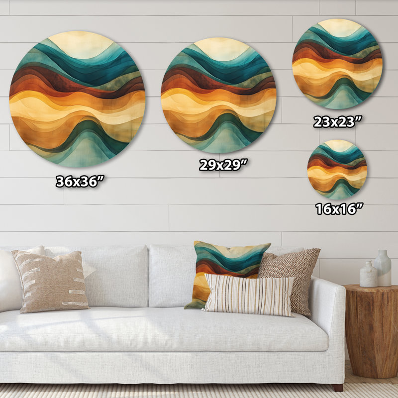 Vagues de turquoise et brun - art mural rond abstrait en métal, L 23 po x H 23 po